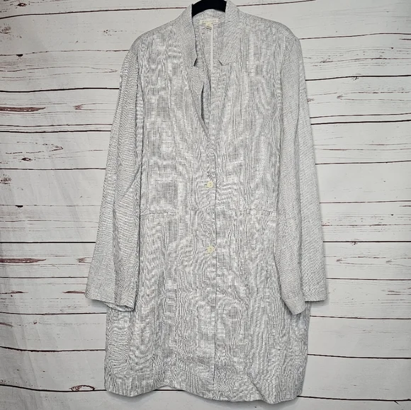Eileen Fisher Check Print Slub Linen Notched Collar Long Jacket - Picture 5 of 10